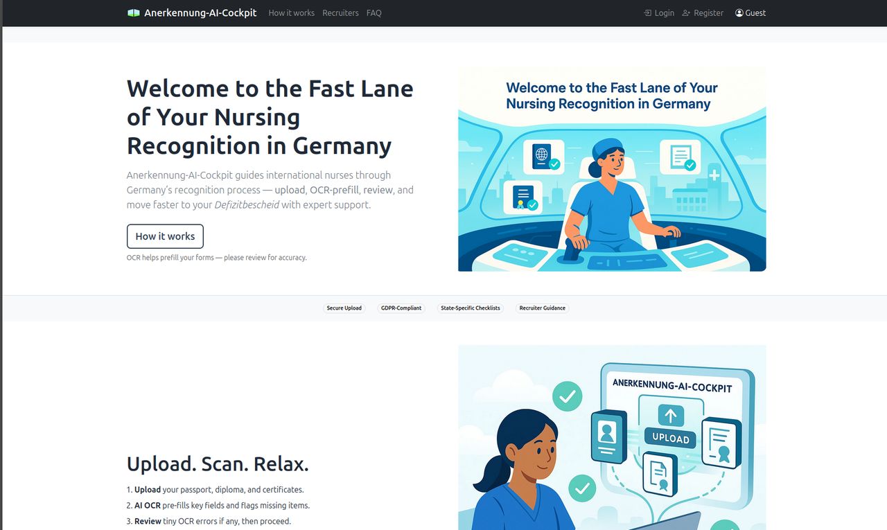 Startseite des Anerkennung AI Cockpit mit dem Versprechen einer schnellen Spur zur Pflegeanerkennung in Deutschland
